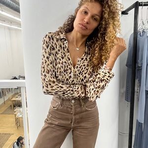 Womens silk leopard print vintage button down blouse small
